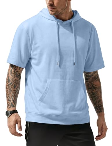 JMIERR Mens Hooded T-shirts Cotton Fashion Clothing Athletic Hoodies with Pocket Short Sleeve Summer Tops for Men Baby Blue L