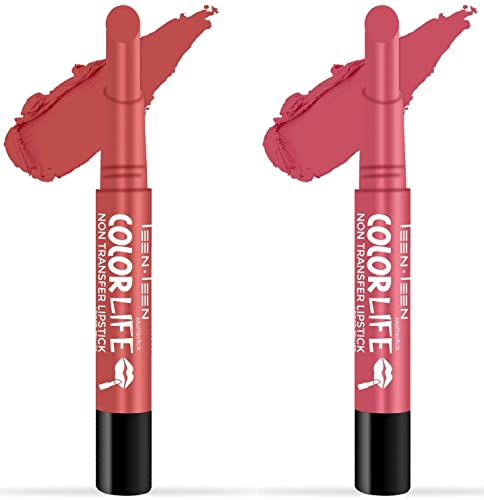 TEEN TEEN Color Life Nontransfer Crayon Lipstick |Matte Finish with Built-in Primer |Waterproof & Long Lasting Lip Color |Smudge-Proof, Fade-Resistant Formula |Combo Color (Bollywood Nude, Coral Pink)
