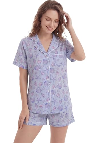 Image of LUBOT 100% Cotton Pajamas for Women 2 Piece PJ Set Poplin Woven Lightweight Ladies Button Short Sleeve Sleepwear S-XXL