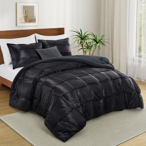 Lanest Housing Full/Queen Size Satin Comforter Set Black, 3 Pieces Soft and Lightweight Silk Bedding, All Season Fluffy Down Alternative Comforter Bed Set