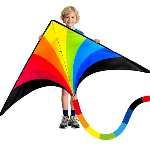 SGftre Complete Kite with Handle, Line & Accessories,Easy to Fly for Kids & Adults, Perfect for Beach, Park, Family Outdoor Activities (The Rainbow Triangular Kite, 1)