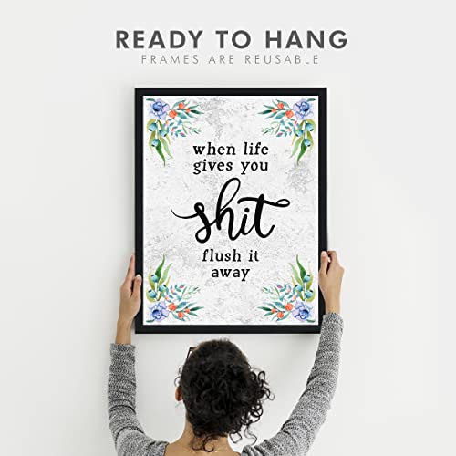 Image of Chaka Chaundh - When life gives you shit flush it away - bathroom posters with frame - bathroom quotes framed posters - Washroom Quotes Frames - Toilet Quotes Wall Hanging - (14 X 11 inches) (White texture - Floral)