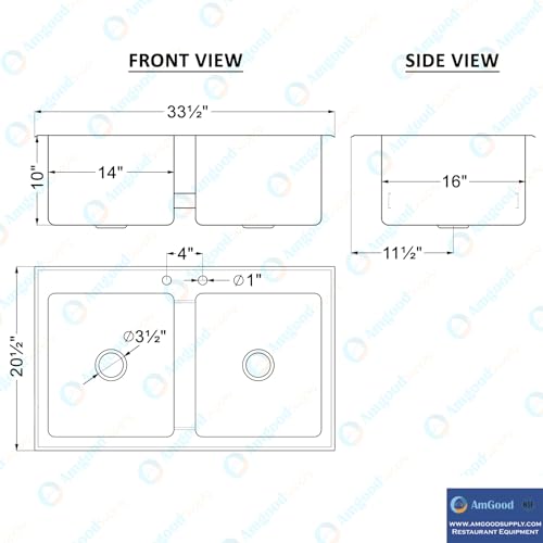 Image of Stainless Steel 2 Compartment Drop-In Sink. Bowl 14 in. x 16 in. x 10 in. No Faucet
