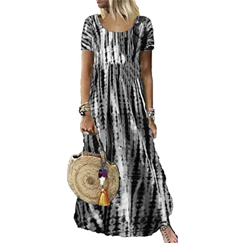 Robe Longue tie-Dye pour Femme Robe Maxi d'été à Manches Courtes et col Rond Robe trapèze Ample décontractée de Grande Taille (Gris,S)