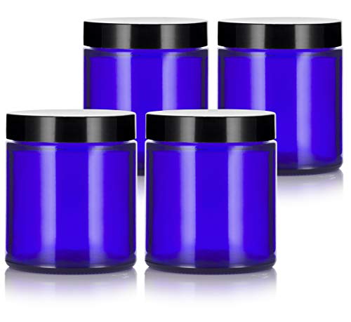 4 oz Cobalt Blue Glass Straight Sided Empty Jar Containers with Black Smooth Lid (4 pack)