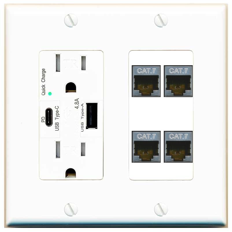 RiteAV 4 Port Cat7 Shielded Ethernet Wall Plate - USB A+C Outlet [White]