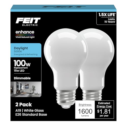 Feit Electric A19 LED Light Bulbs, 100W Equivalent, Dimmable, E26 Standard Base, 90 CRI, 1600 Lumens, 5000K Daylight, General Purpose Light Bulbs, 17,000-Hour Lifetime, A100/950CA/FIL/2, 2 Pack