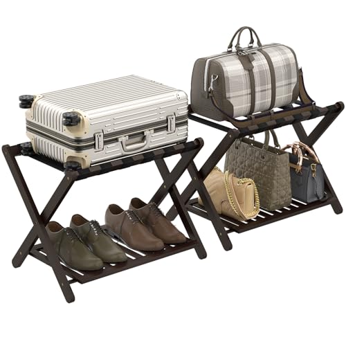 Bambition Fully Assembled Luggage Rack Set of 2, Bamboo Folding Suitcase Stands for Guest Room, Heavy Duty Frame and 6 Strong Nylon Straps