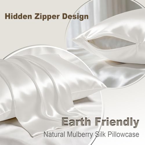Image of LYSHIN Silk Pillow Cases 2 Pack Standard Size with Zipper, Ivory | 19 Momme Mulberry Silk Pillowcase for Skin and Hair, Anti-Acne, Hypoallergenic, Cooling, Beauty Sleep, Gifts for Women