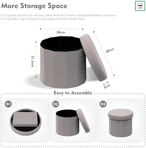 Bonlife Grey Boucle Ottoman with Storage,Foldable Footstool for living room,Toy Chest,Storage Seat,Round Shape Footrest,38X38X33.5cm