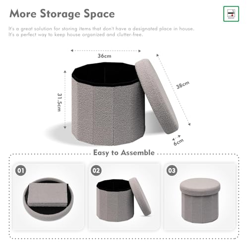 Bonlife Grey Boucle Ottoman with Storage,Foldable Footstool for living room,Toy Chest,Storage Seat,Round Shape Footrest,38X38X33.5cm