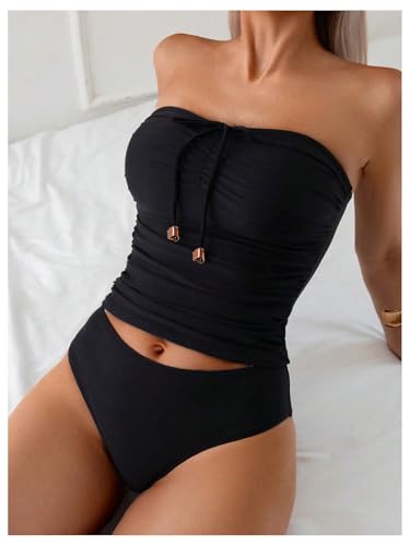 SweatyRocks Women's Swimsuit Ruched Strapless Bandeau Bikini Sets 2 Piece Bathing Suit3
