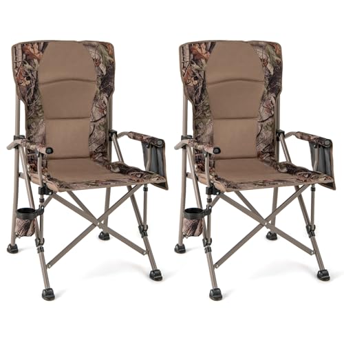 Goplus Folding Camping Chair, 400 LBS Support Lawn Chair w/Armrests with Covers, Cup Holder & Storage Pocket, Adjustable Feet, Portable Camp Chair with Carrying Bag, for Fishing Hunting Picnic