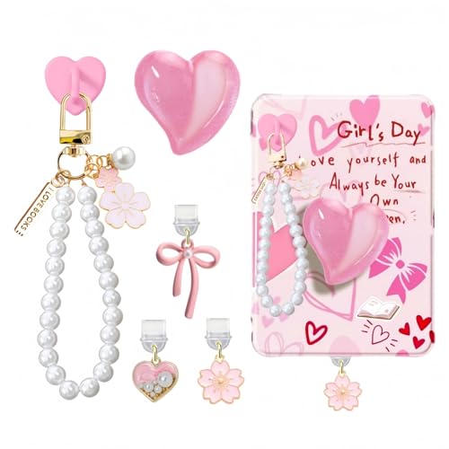 6PCS Charms Set Compatible with Kindle Accessories Including Dust Plug Charm Type C/USB C Charm Chain with Hook Heart Grip Holder Compatible with Kindle Paperwhite 11th 12th Generation(Pink)