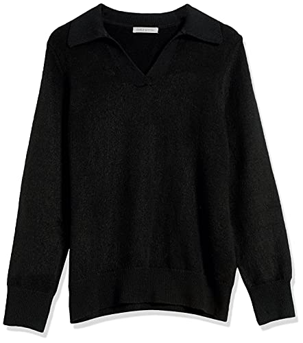 Image of Cable Stitch Women's Two Tone Polo Neck Open Collar V-Neck Sweater - Long Sleeve Relaxed Pullover Top