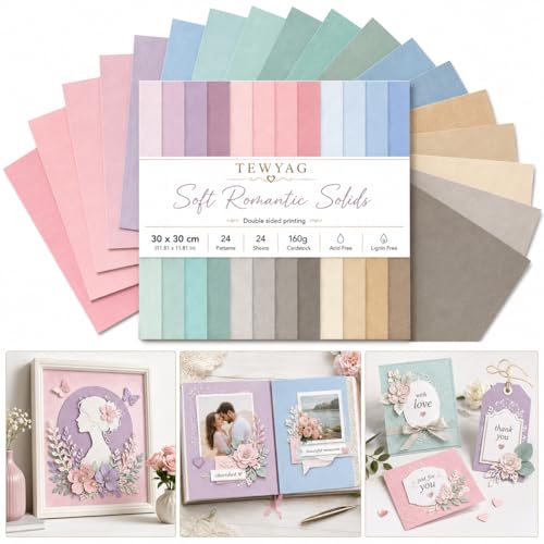 12x12 Scrapbook Paper Pad "Soft Romantic" – 24 Sheets Double-Sided with Faux 160gsm Aesthetic Patterned Papers in Muted Pink, Lavender & Sage. Acid-Free for Wedding, Baby Girl Album & Paper Flowers