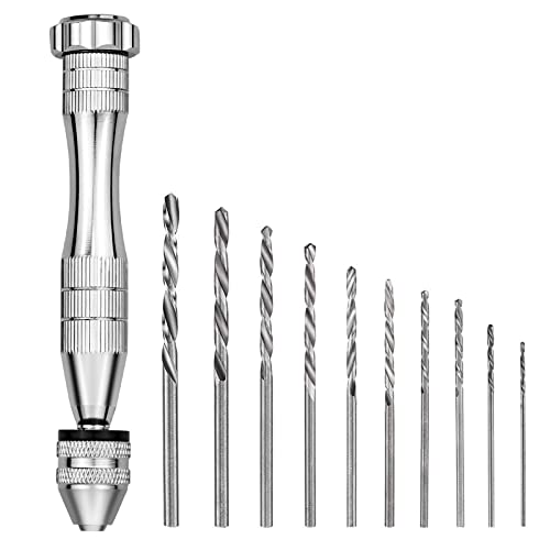 Taladro Manual Taladro de Mano Mini Tornillo de Banco con 10 Brocas Helicoidales (0,8-3 mm) Taladro de Mano Micro para Bricolaje Modelo Resina Epoxi Joyería Artesanía Perforación de Madera Plata