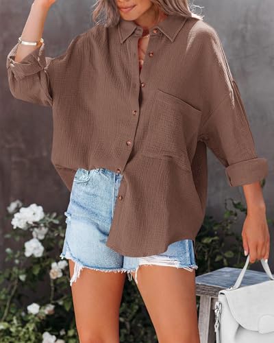 Image of NOLLSOM Casual Shirts for Women Long Sleeve Button Down Blouses Fall 2026 Solid Color Trendy Tops with Pocket