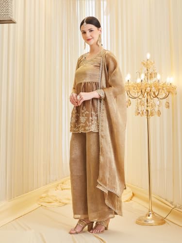 Image of MOKOSH Women's Silk Embroidered Peplum Kurta Set with Sharara & Dupatta