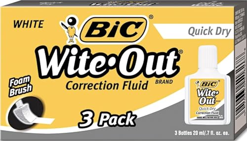 BIC Wite-Out Quick Dry Correction Fluid, 20 mL, White, Goes On Easy with A Reduced Dry Time, 3-Count Pack