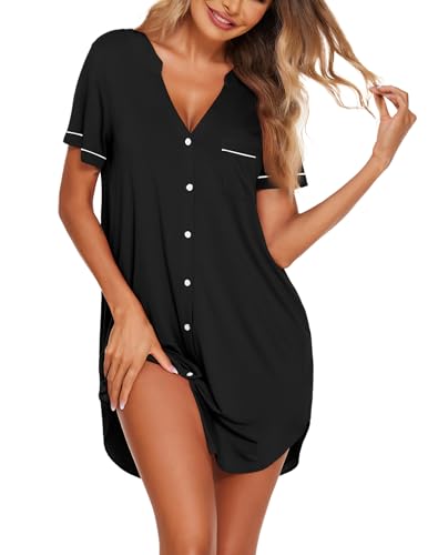 Ekouaer Nightgowns for Women Button Down Night Gowns Short Sleeve Sleep Shirt V Neck Nightshirt Soft Sleepwear Pajams Dress