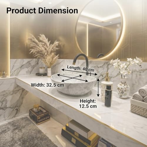 Image of Ceramic Tabletop Wash Basin - Glossy Bowl Shape Countertop Vessel Sink with Marble Finish for Bathroom & Vanity | Compact 16 x 13 x 5 Inch | Elegant Washbasin
