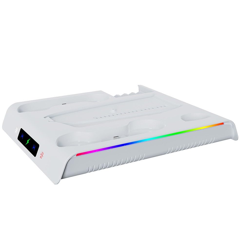 Gaming-Zubehör für PS5 Slim, Kühlfuß mit RGB-Beleuchtung, Dual-Controller-Ladestation, 3 Lüfterstufen, Lagerung für 5 Spiele und Fernbedienung, Weiß