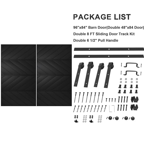 Image of 96 inchx84 inch Black Waved Barn Door with 16 FT Track Kit & Handle & Floor Guide | Pre-Drill Holes Double Barn Door For Easy Assembly, Solid Core Wood Sliding Barn Door for Water-Resistant & Sound Reduction