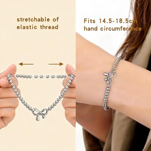 Beaded Bow Bracelet for Women - 3mm Cute Dainty Stretch Charm Bracelet with Ball Beads, Hypoallergenic Stainless Steel, Trendy Handmade Jewelry Gift (Silver) — view 5