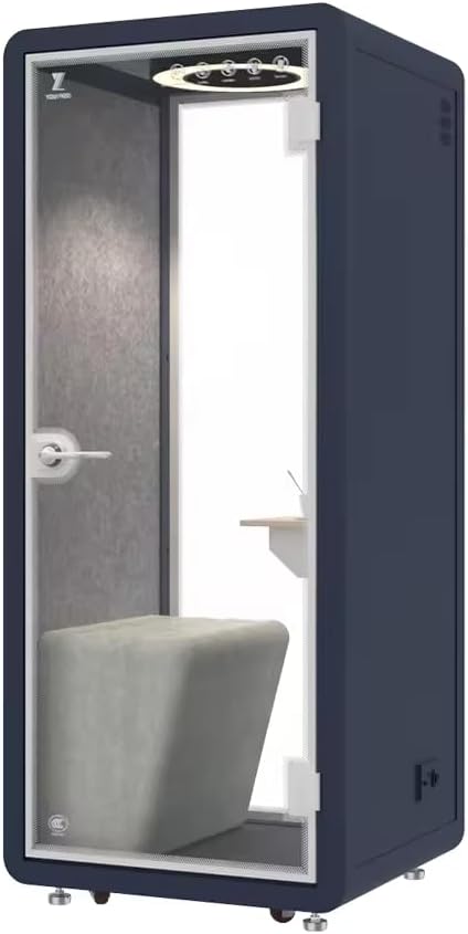 Electric Height Adjustable Office Pod Booth, Mobile Sound Proof Booth, Sound Pod with Wheels and Feet, Build-in Table Top, LED Lighting System, AC, USB Ports (White, W 40 x D 39 x H 91 Inch)