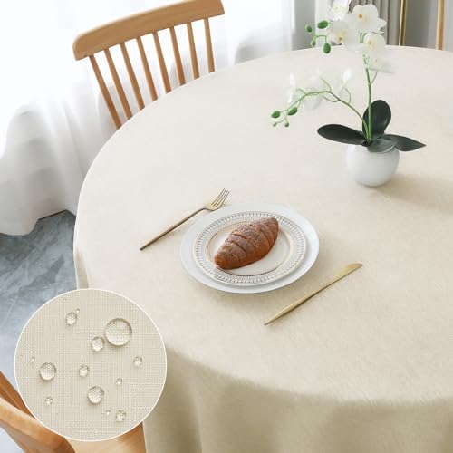 AooHome Tischdecke Rund Φ120cm, Beige Leinen-Optik Tischdecken Abwaschbar Tischtuch aus Polyester Wasserabweisend mit Lotuseffekt, Dauerhaft Kratzfest für Wohnzimmer, Esszimmer, Ba