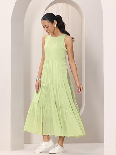 Image of Libas Solid Cotton Fit and Flare Dress for Women