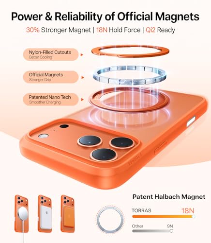 Image of TORRAS Upgrade 360 Magnetic Stand for iPhone 17 PRO Case, Fit for MagSafe | Mil-Grade Protection, Camera Control Button, Slim Soft Edge Translucent Back for iPhone 17Pro 6.3 inch, Orange