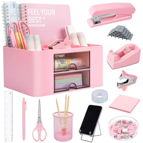 Pink Desk Organizers and Accessories 12+1Pcs, Office Supplies for Desk,