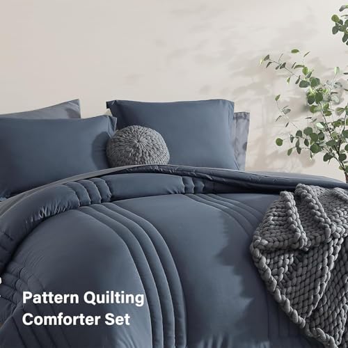 Image of Monbix Twin XL Size Comforter Set - Extra Long 5 Pieces Dorm Bedding Sets, Quilting Design Fluffy Bed in a Bag Twin XL with Sheets, Pillowcase & Sham(Blue Grey)