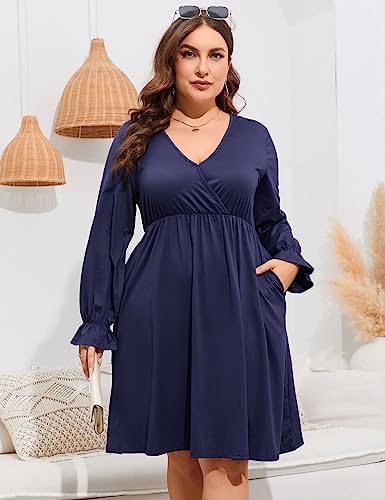 Image of ShopWonder Plus Size Dress Women's V Neck A-Line Knee Length Wrap Swing Dresses Plus Size A Line Party Mini Dress