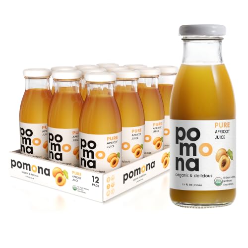 Image of Pomona Organic Apricot Juice, Cold Pressed USDA Organic Juices, 100% Apricots, No Added Sugar, Not From Concentrate, Vegan, Kosher, Non GMO, Pasteurized, 8.4 oz Glass Bottles (Pack of 12)(Packaging May Vary)