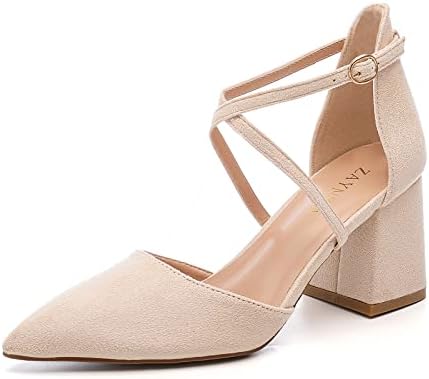 ZAYNSIA Women’s Chunky Heels Closed Pointed Toe Pumps Crossed Ankle Strap Comfortable Block Heels Dress Pump Shoes Beige/Suede