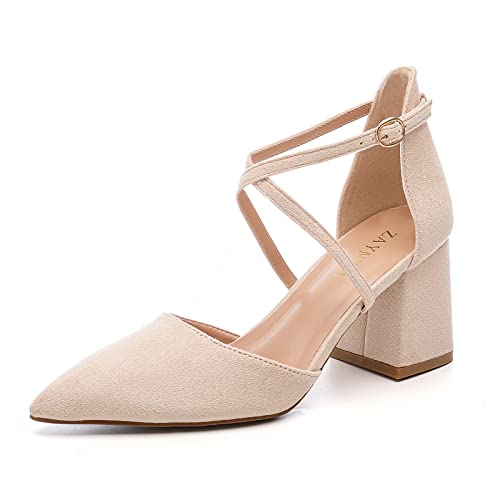 Zaynsia Women’s Chunky Heels Closed Pointed Toe Pumps Crossed Ankle Strap Comfortable Block Heels Dress Pump Shoes Beige/Suede #TOP25