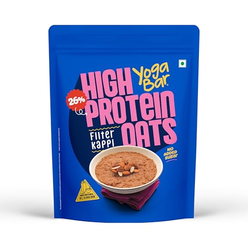 Image of Yogabar 26g High Protein Oats 1kg , Filter Kappi - Breakfast Cereal with Wholegrains, 26% Protein & No added sugar - Oats High Protein for Gym - Premium Protein Blend with Whey Protein Powder - with Goodness of Chia, Sunflower & Pumpkin Seeds & Probiotics for Absorption