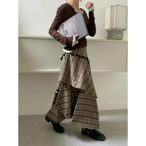 Khaki Plaid Skirt A Line Layered Patchwork Asymmetrical Vintage Fall Midi Trendy Elegant Streetwear Skirt2
