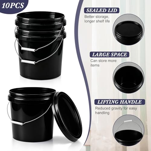 Image of Mumufy 10 Pcs 3.5 Gallon Round Food Grade Bucket with Lid Plastic Buckets Pail with Handle Lid Heavy Duty Buckets for Storing Dry Food Charcoal Camping Fishing(Black)