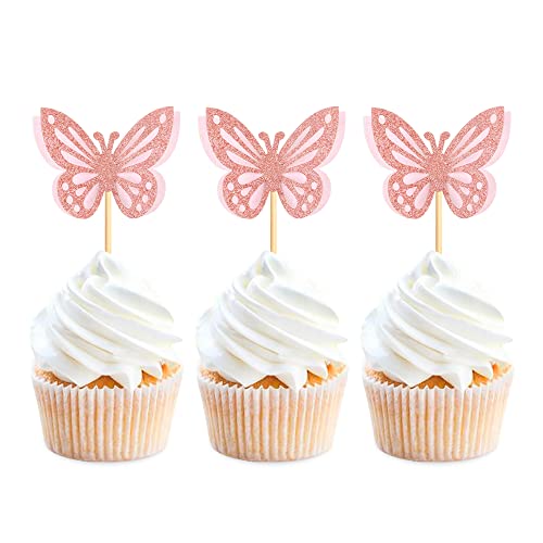 Papillon 3D décoration cupcake double couche creux en papier rigide rose clair