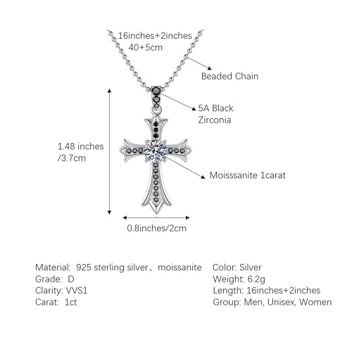 Clearance 1CT Moissanite Cross Pendant Silver Necklace, 18K White Gold Plated 925 Sterling Silver Bead Chain Necklace, D Color VVS1 Iced Out Jewelry For Women Gift, Mother's Day, With Gif Box.2