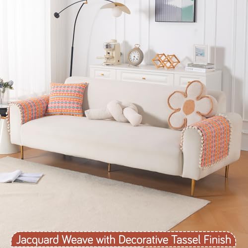 Image of HOKIPO Sofa Arm Cover with Tassel | 300 GSM Thick Cotton Acrylic Jacquard Armrest Mat, 50x70 cm, Pack of 2,'Trivana Series' Coral Orange (IN-931-J2*2)
