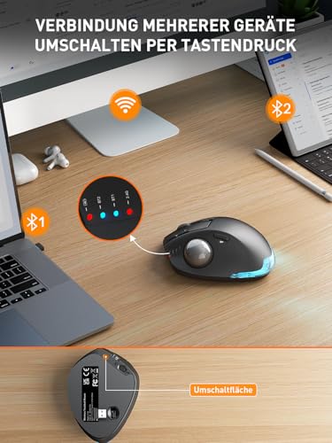 SABLUTE MAM1 Pro Ergonomische Trackball Maus Kabellos, RGB, Bluetooth & USB – Ansicht 4