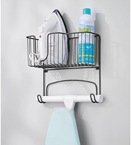 mDesign Wall Mounted Ironing Board Holder - Steel Ironing Board Rack for Easy Organisation - Includes Basket for Iron Storage - Matte Black