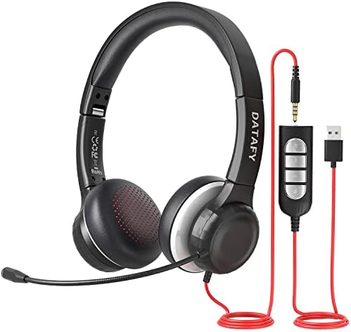 DATAFY USB Headset with Microphone for PC, in-line Wired Computer Laptop Headphones with Noise Cancelling Microphone, Business Headset for Home Office, Online Class Skype Zoom, Foldable On Ear Design