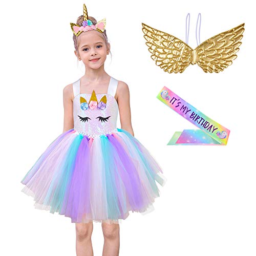 MHJY Girls Sequin Unicorn Tutu Dress Birthday Party Halloween Unicorn Costume with Headband, Wings and Sash,4-5T