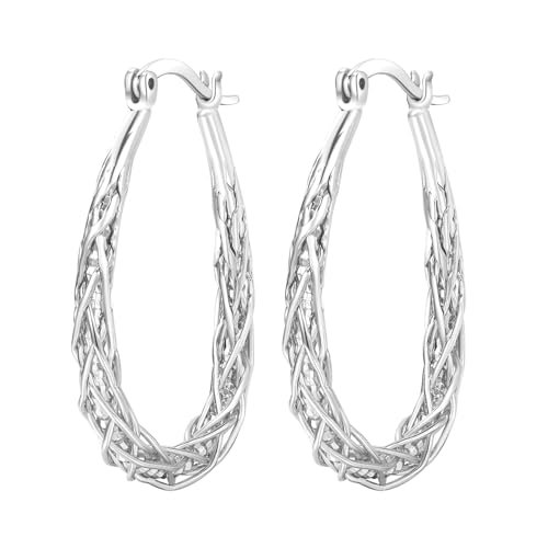 Senteria Sterling Silver Hoop Earrings - Medium, Lightweight, Thick Twist Oval Hoops